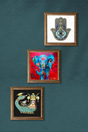 Fil, Şahmeran, Fatma Ana Eli (Hamsa) Taş Duvar Tablosu Ahşap Çerçeveli Duvar Dekoru 3 Parça Tablo Seti Wall Art