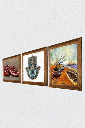 Van Gogh Balıkçı Tekneleri, Nar, Fatma Ana Eli (Hamsa) Taş Duvar Tablosu Ahşap Çerçeveli Duvar Dekoru 3 Parça Tablo Seti Wall Art