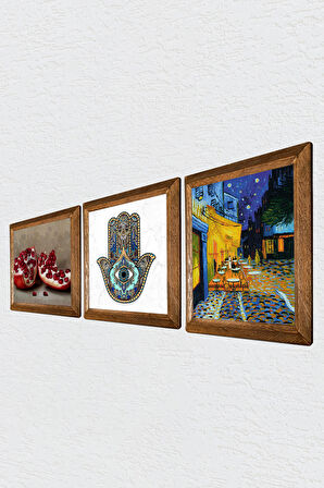 Van Gogh Kafe Terasta Gece, Nar, Fatma Ana Eli (Hamsa) Taş Duvar Tablosu Ahşap Çerçeveli Duvar Dekoru 3 Parça Tablo Seti Wall Art