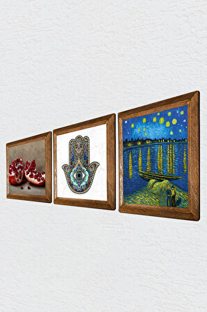 Van Gogh Ren Nehri, Nar, Fatma Ana Eli Taş Duvar Tablosu Ahşap Çerçeveli Duvar Dekoru 3 Parça Tablo Seti Wall Art