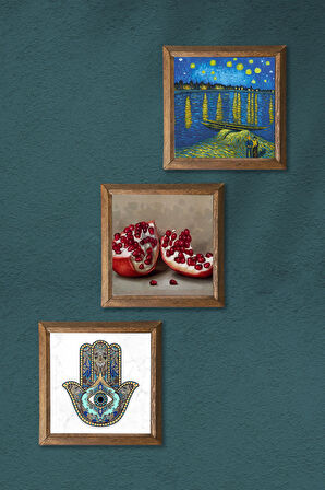 Van Gogh Ren Nehri, Nar, Fatma Ana Eli Taş Duvar Tablosu Ahşap Çerçeveli Duvar Dekoru 3 Parça Tablo Seti Wall Art