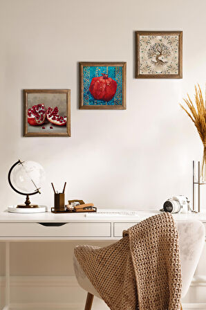 Hayat Ağacı, Nar Taş Duvar Tablosu Ahşap Çerçeveli Duvar Dekoru 3 Parça Tablo Seti Wall Art