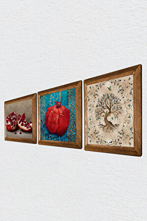 Hayat Ağacı, Nar Taş Duvar Tablosu Ahşap Çerçeveli Duvar Dekoru 3 Parça Tablo Seti Wall Art