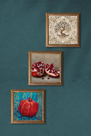 Hayat Ağacı, Nar Taş Duvar Tablosu Ahşap Çerçeveli Duvar Dekoru 3 Parça Tablo Seti Wall Art