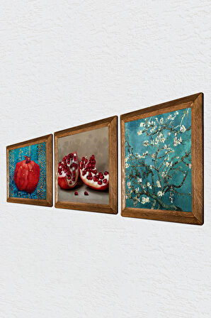 Van Gogh Badem Ağacı, Nar Taş Duvar Tablosu Ahşap Çerçeveli Duvar Dekoru 3 Parça Tablo Seti Wall Art