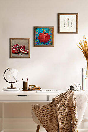 Elif, Nar Taş Duvar Tablosu Ahşap Çerçeveli Duvar Dekoru 3 Parça Tablo Seti Wall Art