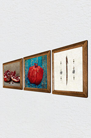 Elif, Nar Taş Duvar Tablosu Ahşap Çerçeveli Duvar Dekoru 3 Parça Tablo Seti Wall Art