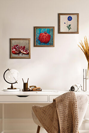 Ebru Sanatı, Nar Taş Duvar Tablosu Ahşap Çerçeveli Duvar Dekoru 3 Parça Tablo Seti Wall Art