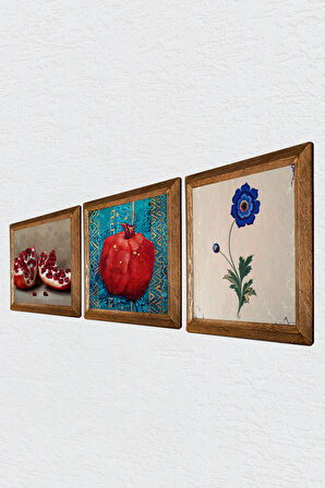 Ebru Sanatı, Nar Taş Duvar Tablosu Ahşap Çerçeveli Duvar Dekoru 3 Parça Tablo Seti Wall Art