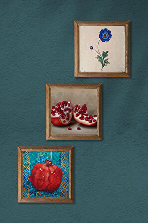 Ebru Sanatı, Nar Taş Duvar Tablosu Ahşap Çerçeveli Duvar Dekoru 3 Parça Tablo Seti Wall Art