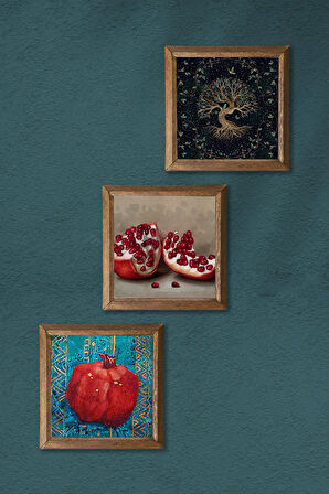 Hayat Ağacı, Nar Taş Duvar Tablosu Ahşap Çerçeveli Duvar Dekoru 3 Parça Tablo Seti Wall Art