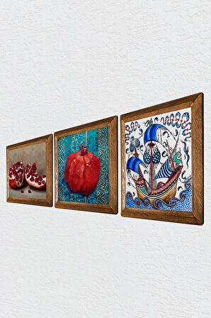 Çini Sanatı Yelkenli Gemi, Nar Taş Duvar Tablosu Ahşap Çerçeveli Duvar Dekoru 3 Parça Tablo Seti Wall Art
