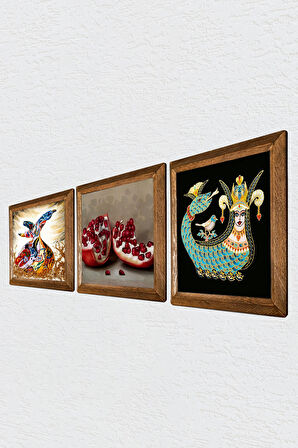 Şahmeran, Semazen, Nar Taş Duvar Tablosu Ahşap Çerçeveli Duvar Dekoru 3 Parça Tablo Seti Wall Art