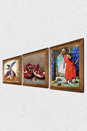 Kaplumbağa Terbiyecisi, Semazen, Nar Taş Duvar Tablosu Ahşap Çerçeveli Duvar Dekoru 3 Parça Tablo Seti Wall Art