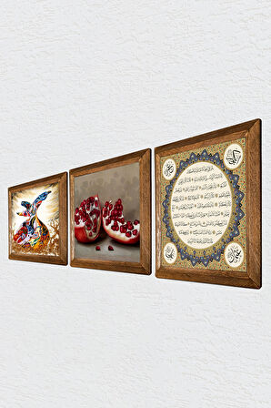 Hilye-i Şerif, Semazen, Nar Taş Duvar Tablosu Ahşap Çerçeveli Duvar Dekoru 3 Parça Tablo Seti Wall Art