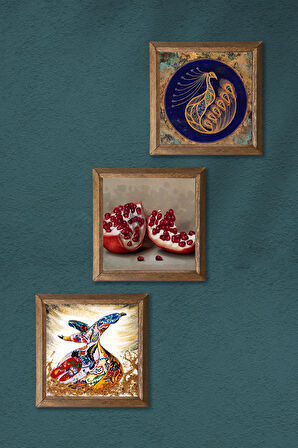 Tavus Kuşu, Semazen, Nar Taş Duvar Tablosu Ahşap Çerçeveli Duvar Dekoru 3 Parça Tablo Seti Wall Art