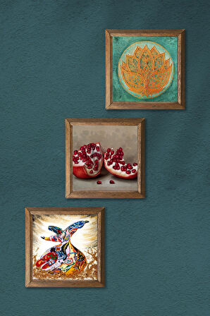 Lotus Çiçeği, Semazen, Nar Taş Duvar Tablosu Ahşap Çerçeveli Duvar Dekoru 3 Parça Tablo Seti Wall Art