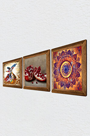 Mandala, Semazen, Nar Taş Duvar Tablosu Ahşap Çerçeveli Duvar Dekoru 3 Parça Tablo Seti Wall Art