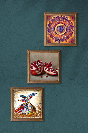 Mandala, Semazen, Nar Taş Duvar Tablosu Ahşap Çerçeveli Duvar Dekoru 3 Parça Tablo Seti Wall Art