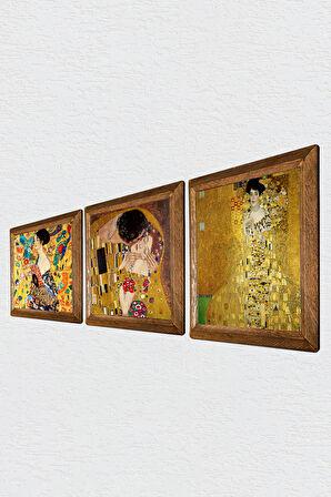 Gustav Klimt Yelpazeli Kadın, Bauer'in Portresi, Öpücük Taş Duvar Tablosu Ahşap Çerçeveli Duvar Dekoru 3 Parça Tablo Seti Wall Art