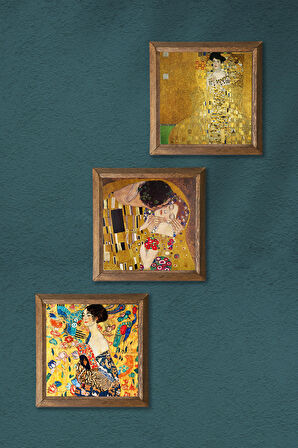 Gustav Klimt Yelpazeli Kadın, Bauer'in Portresi, Öpücük Taş Duvar Tablosu Ahşap Çerçeveli Duvar Dekoru 3 Parça Tablo Seti Wall Art