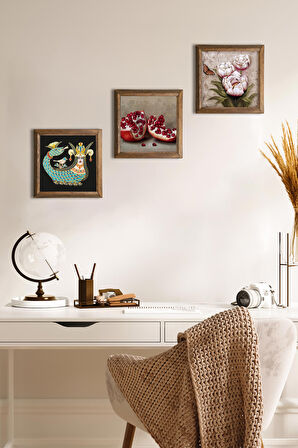 Kelebekli Çiçek, Şahmeran, Nar Taş Duvar Tablosu Ahşap Çerçeveli Duvar Dekoru 3 Parça Tablo Seti Wall Art