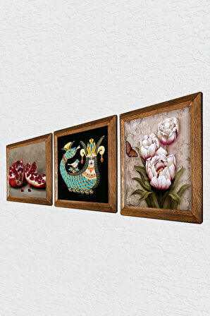 Kelebekli Çiçek, Şahmeran, Nar Taş Duvar Tablosu Ahşap Çerçeveli Duvar Dekoru 3 Parça Tablo Seti Wall Art