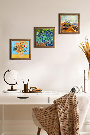 Van Gogh Balıkçı Tekneleri, On İki Ayçiçekli Vazo, İrisler Taş Duvar Tablosu Ahşap Çerçeveli Duvar Dekoru 3 Parça Tablo Seti Wall Art