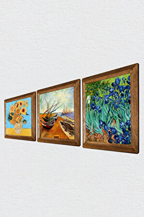 Van Gogh Balıkçı Tekneleri, On İki Ayçiçekli Vazo, İrisler Taş Duvar Tablosu Ahşap Çerçeveli Duvar Dekoru 3 Parça Tablo Seti Wall Art