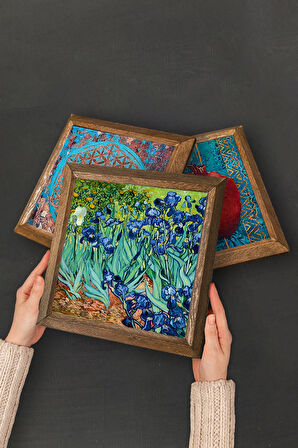 Van Gogh Balıkçı Tekneleri, On İki Ayçiçekli Vazo, İrisler Taş Duvar Tablosu Ahşap Çerçeveli Duvar Dekoru 3 Parça Tablo Seti Wall Art