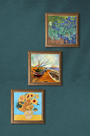 Van Gogh Balıkçı Tekneleri, On İki Ayçiçekli Vazo, İrisler Taş Duvar Tablosu Ahşap Çerçeveli Duvar Dekoru 3 Parça Tablo Seti Wall Art