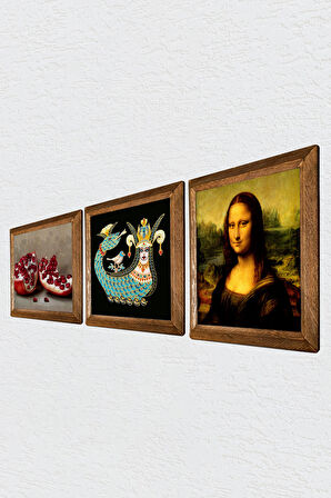 Leonardo da Vinci Mona Lisa, Şahmeran, Nar Taş Duvar Tablosu Ahşap Çerçeveli Duvar Dekoru 3 Parça Tablo Seti Wall Art
