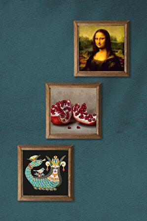 Leonardo da Vinci Mona Lisa, Şahmeran, Nar Taş Duvar Tablosu Ahşap Çerçeveli Duvar Dekoru 3 Parça Tablo Seti Wall Art