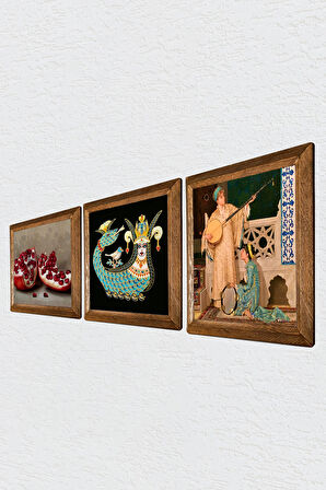 İki Müzisyen Kız Tablosu, Şahmeran, Nar Taş Duvar Tablosu Ahşap Çerçeveli Duvar Dekoru 3 Parça Tablo Seti Wall Art