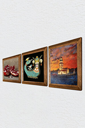 İstanbul Kız Kulesi, Şahmeran, Nar Taş Duvar Tablosu Ahşap Çerçeveli Duvar Dekoru 3 Parça Tablo Seti Wall Art