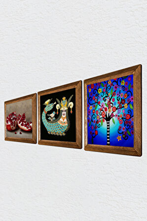 Hayat Ağacı, Şahmeran, Nar Taş Duvar Tablosu Ahşap Çerçeveli Duvar Dekoru 3 Parça Tablo Seti Wall Art