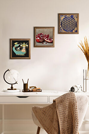 Yaşam Çiçeği, Şahmeran, Nar Taş Duvar Tablosu Ahşap Çerçeveli Duvar Dekoru 3 Parça Tablo Seti Wall Art