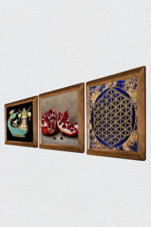 Yaşam Çiçeği, Şahmeran, Nar Taş Duvar Tablosu Ahşap Çerçeveli Duvar Dekoru 3 Parça Tablo Seti Wall Art