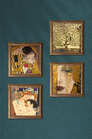 Gustav Klimt Altın Gözyaşları, Anne Çocuk, Öpücük, Hayat Ağacı Taş Duvar Tablosu Ahşap Çerçeveli Duvar Dekoru 4 Parça Tablo Seti Wall Art