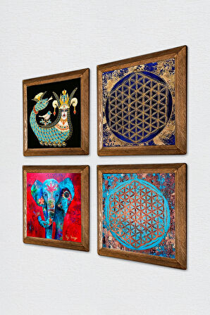 Fil, Yaşam Çiçeği, Şahmeran Taş Duvar Tablosu Ahşap Çerçeveli Duvar Dekoru 4 Parça Tablo Seti Wall Art