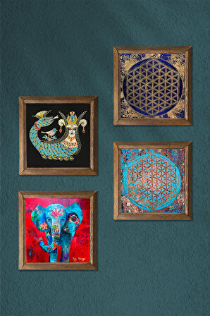 Fil, Yaşam Çiçeği, Şahmeran Taş Duvar Tablosu Ahşap Çerçeveli Duvar Dekoru 4 Parça Tablo Seti Wall Art