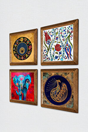 Fil, Tavus Kuşu, Lale, Nazar Taş Duvar Tablosu Ahşap Çerçeveli Duvar Dekoru 4 Parça Tablo Seti Wall Art