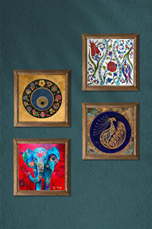 Fil, Tavus Kuşu, Lale, Nazar Taş Duvar Tablosu Ahşap Çerçeveli Duvar Dekoru 4 Parça Tablo Seti Wall Art