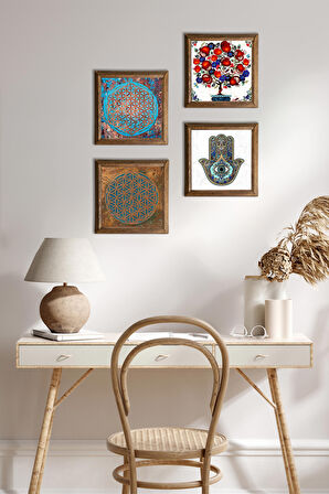 Yaşam Çiçeği, Nar Ağacı, Fatma Ana Eli (Hamsa) Taş Duvar Tablosu Ahşap Çerçeveli Duvar Dekoru 4 Parça Tablo Seti Wall Art