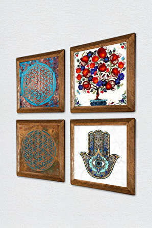 Yaşam Çiçeği, Nar Ağacı, Fatma Ana Eli (Hamsa) Taş Duvar Tablosu Ahşap Çerçeveli Duvar Dekoru 4 Parça Tablo Seti Wall Art