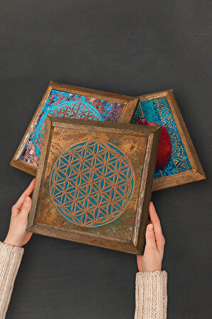 Yaşam Çiçeği, Nar Ağacı, Fatma Ana Eli (Hamsa) Taş Duvar Tablosu Ahşap Çerçeveli Duvar Dekoru 4 Parça Tablo Seti Wall Art