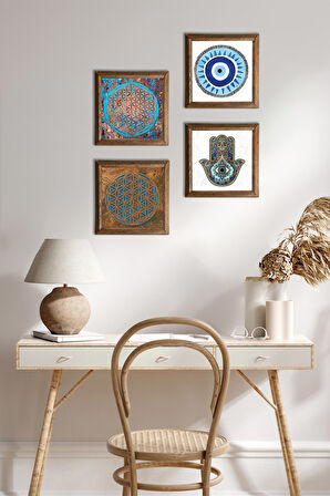 Nazar, Yaşam Çiçeği, Fatma Ana Eli (Hamsa) Taş Duvar Tablosu Ahşap Çerçeveli Duvar Dekoru 4 Parça Tablo Seti Wall Art