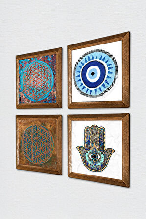 Nazar, Yaşam Çiçeği, Fatma Ana Eli (Hamsa) Taş Duvar Tablosu Ahşap Çerçeveli Duvar Dekoru 4 Parça Tablo Seti Wall Art