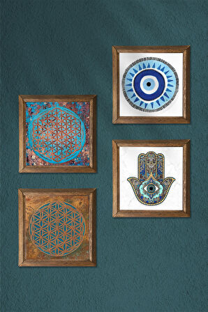 Nazar, Yaşam Çiçeği, Fatma Ana Eli (Hamsa) Taş Duvar Tablosu Ahşap Çerçeveli Duvar Dekoru 4 Parça Tablo Seti Wall Art