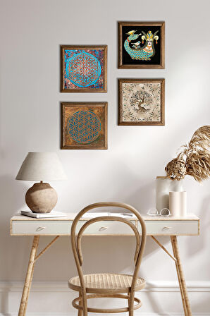 Yaşam Çiçeği, Şahmeran, Hayat Ağacı Taş Duvar Tablosu Ahşap Çerçeveli Duvar Dekoru 4 Parça Tablo Seti Wall Art
